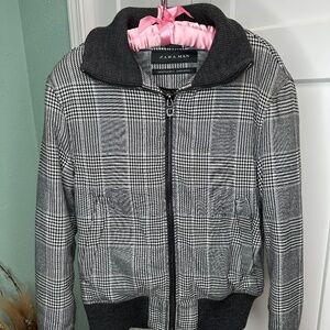 Zara Man black/white Medium plaid bomber jacket with high collar